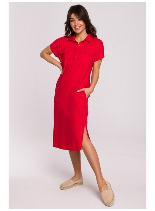 Raudonas safario suknelė su atlenkiamomis kišenėmis B222