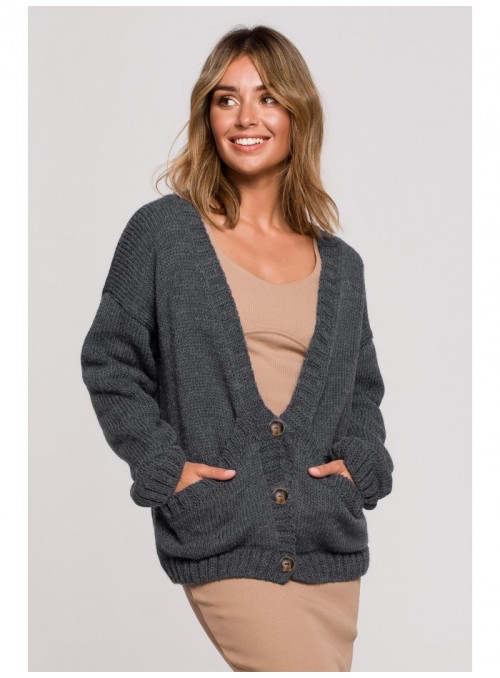 Pilkas megztinis su sagomis ir plačiomis kišenėmis BK074