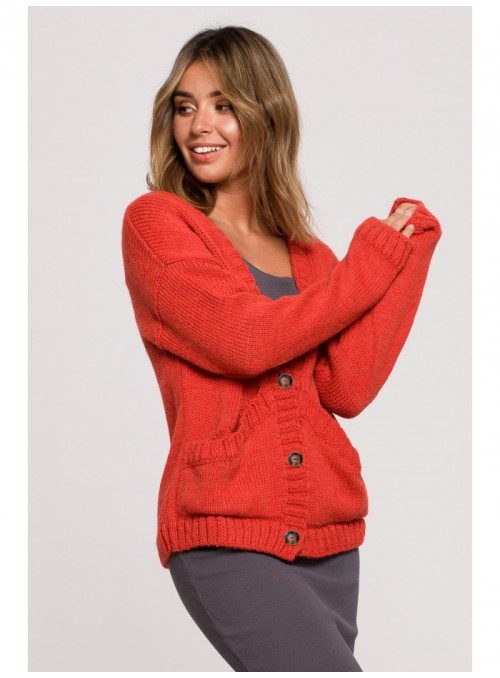 Orandžinis megztinis su sagomis ir plačiomis kišenėmis BK074