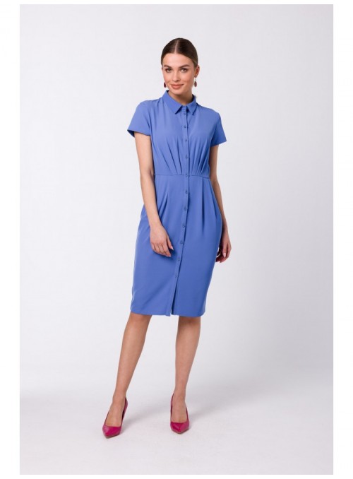 Mėlyna marškinių tipo suknelė su klostėmis S335