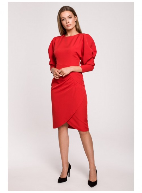 Raudona suknelė pūstomis rankovėmis S284