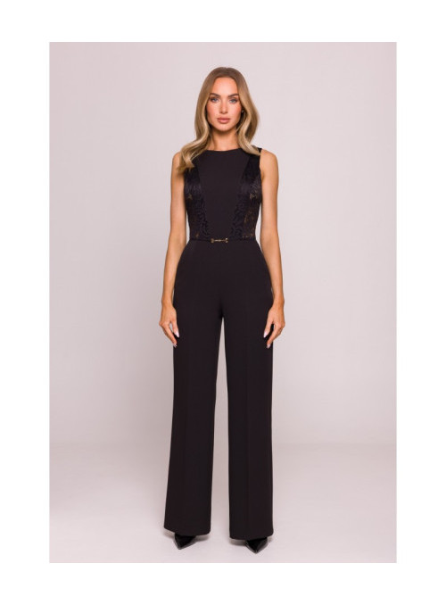 Kombinezonas su nėriniuotais intarpais - juodos spalvos